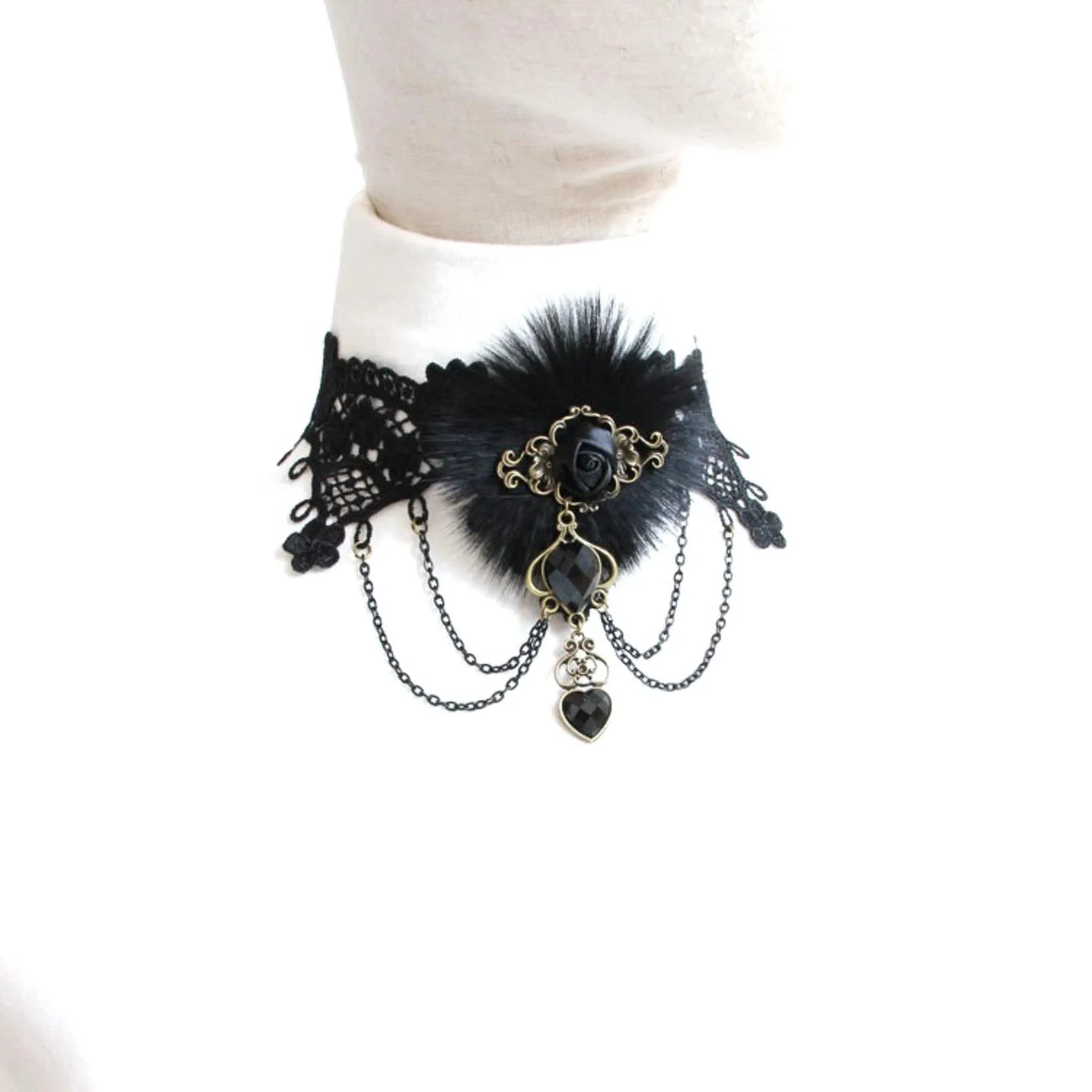 Arras Creations Trendy Victorian Gothic Lace Fur Choker Necklace for Women / AZVGNEA04