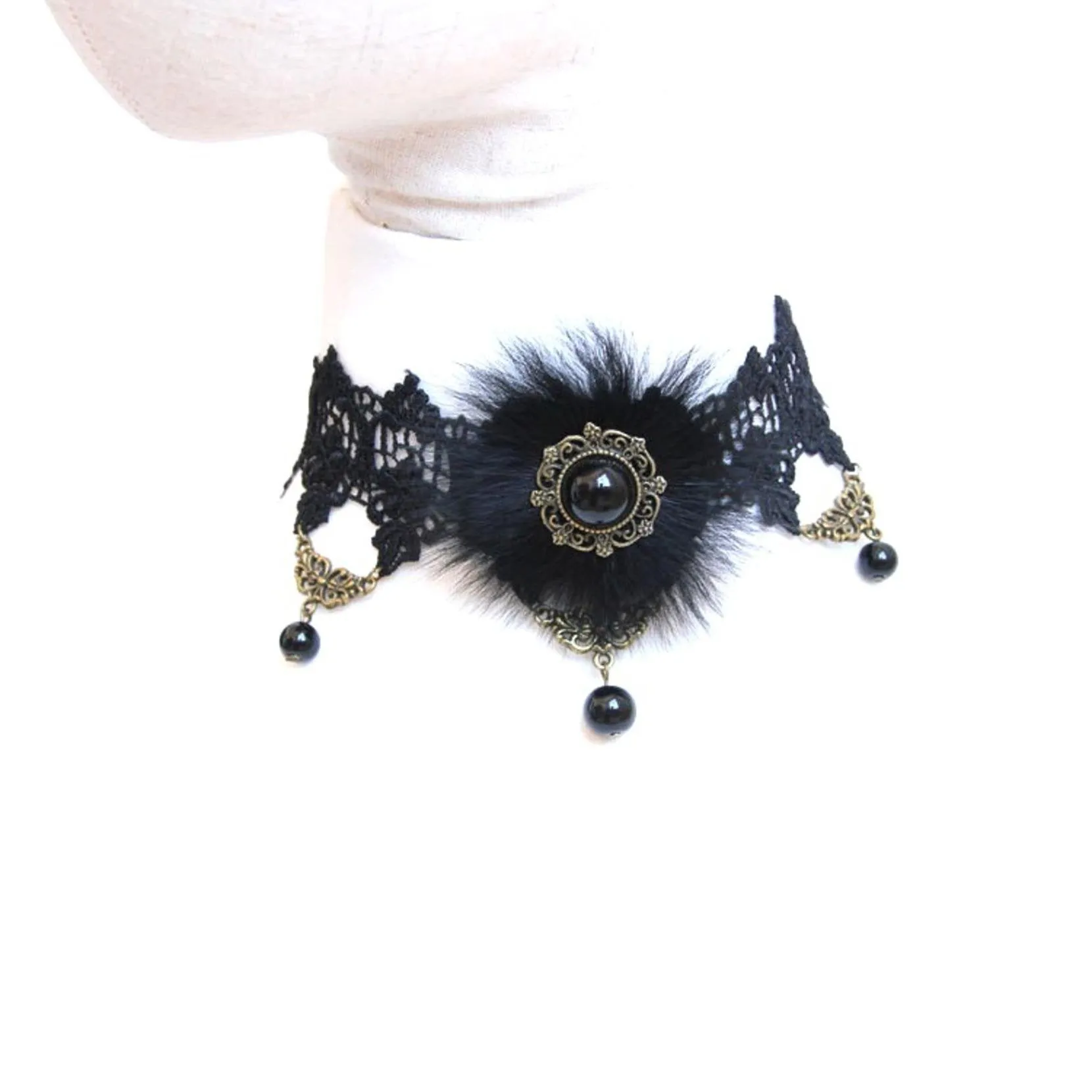 Arras Creations Trendy Victorian Gothic Lace Fur Choker Necklace for Women / AZVGNEA04