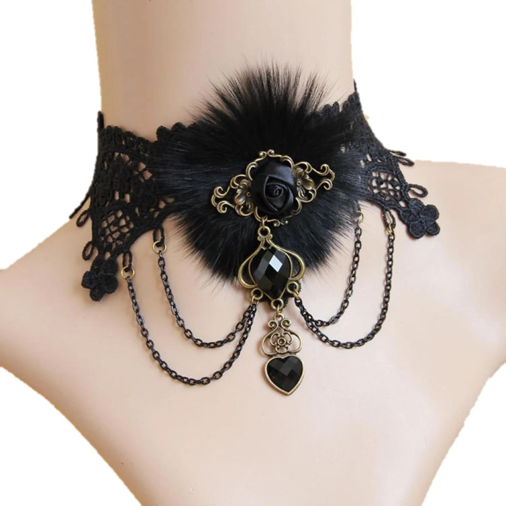 Arras Creations Trendy Victorian Gothic Lace Fur Choker Necklace for Women / AZVGNEA04