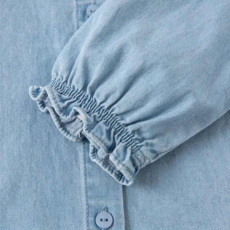 Bib Collar Flower Embroidery Girl Blue Denim Shirt