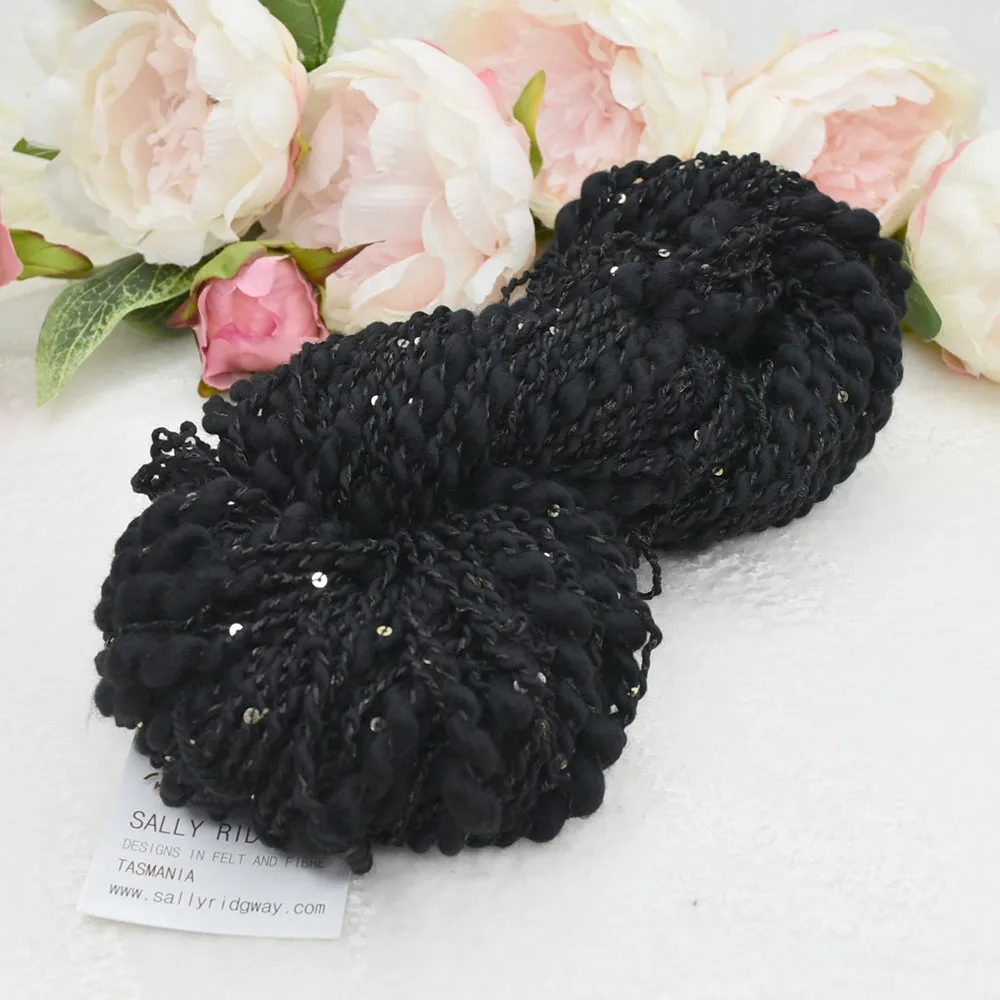 Black Hand Spun Merino Wool Yarn Thick & Thin with Sequins