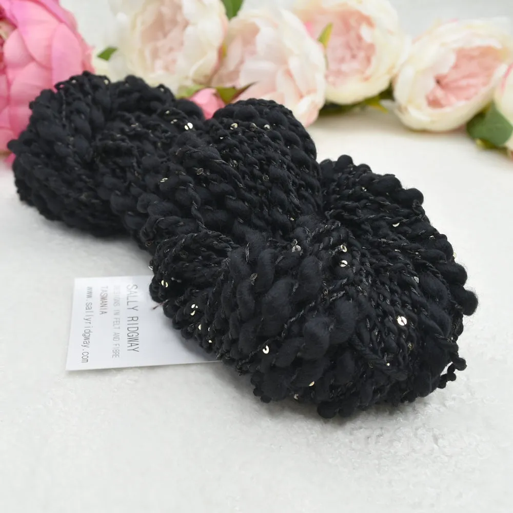 Black Hand Spun Merino Wool Yarn Thick & Thin with Sequins