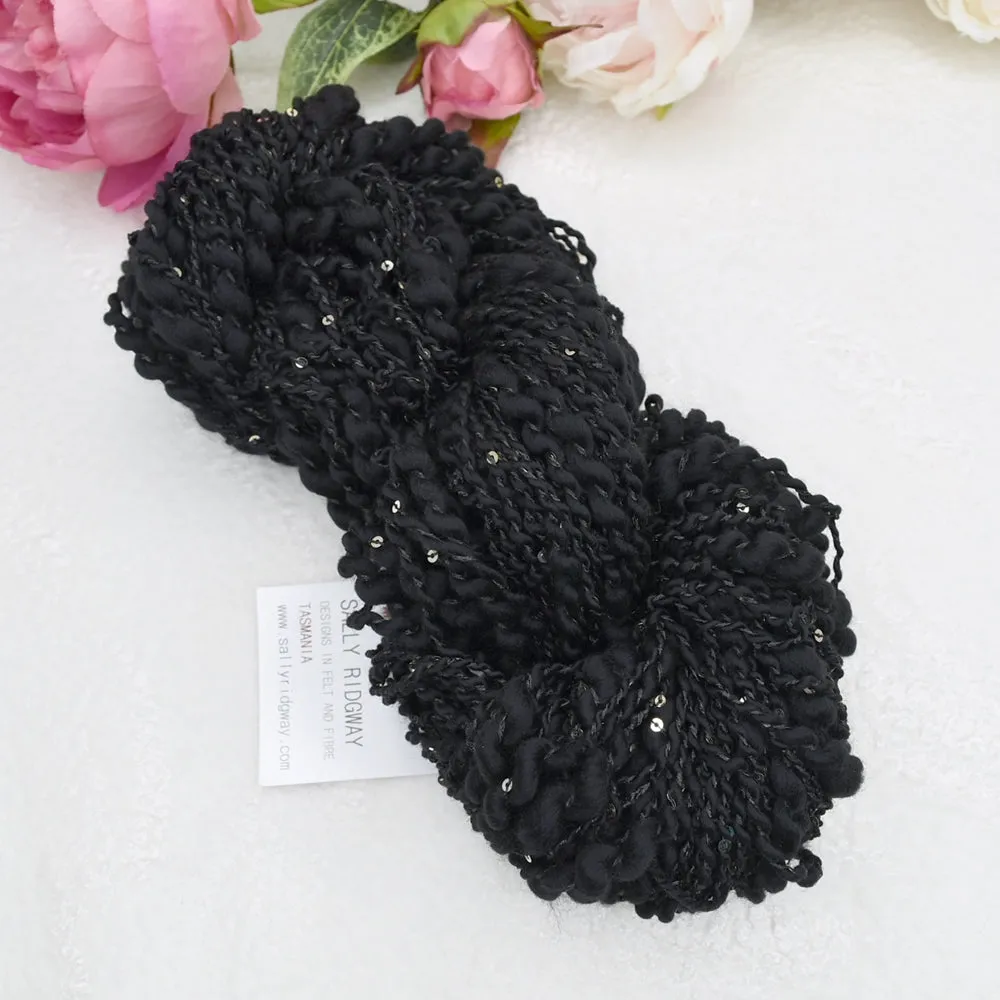 Black Hand Spun Merino Wool Yarn Thick & Thin with Sequins