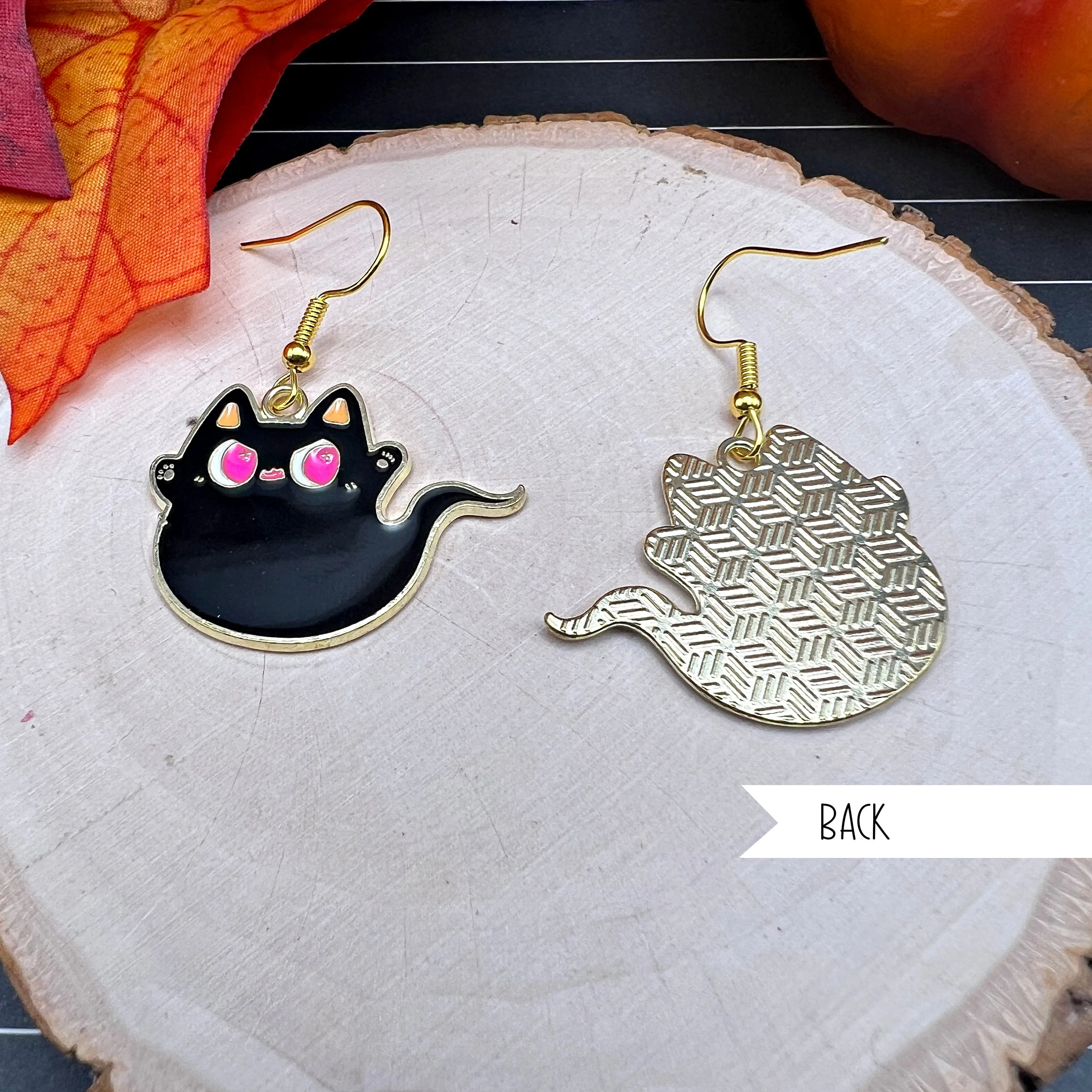 Black Kitty Cat Ghost Halloween Earrings
