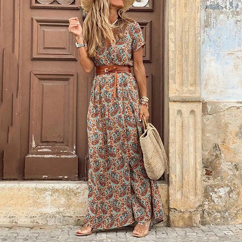 Bohemian V-Neck Floral and Paisley Ankle Length Summer Dresses