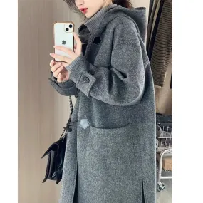 Bonnyshow skater boy outfits Korean Style High-Grade Gray Horn Buckle Hooded Woolen Coat Mid-Length Autumn and Winter Loose Temperament Coat for Women