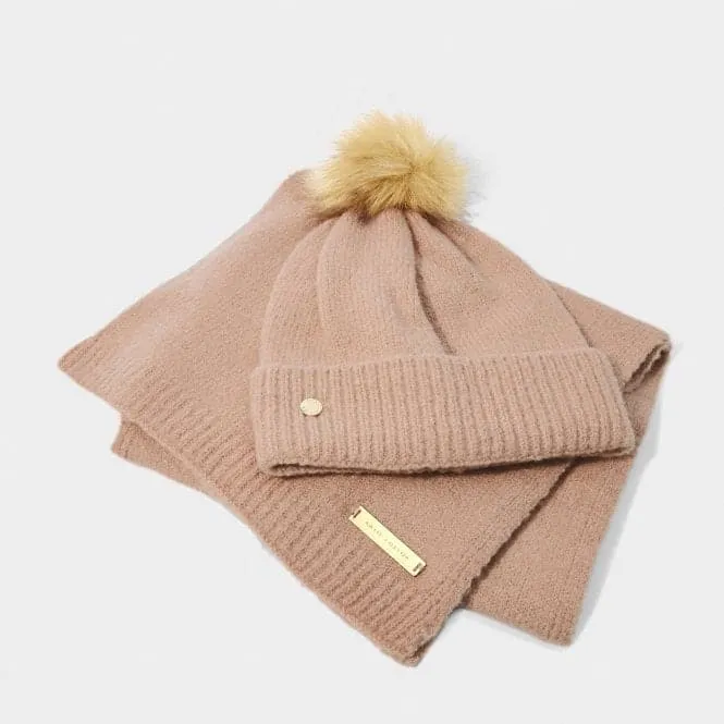 Boxed Fine Knitted Dusty Pink Hat & Scarf Set KLS546