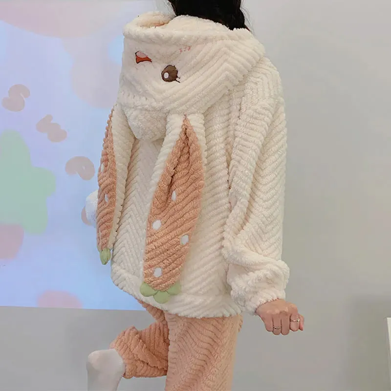 Bunny Ear Strawberry Letter Hooded Pajamas Two Piece Set