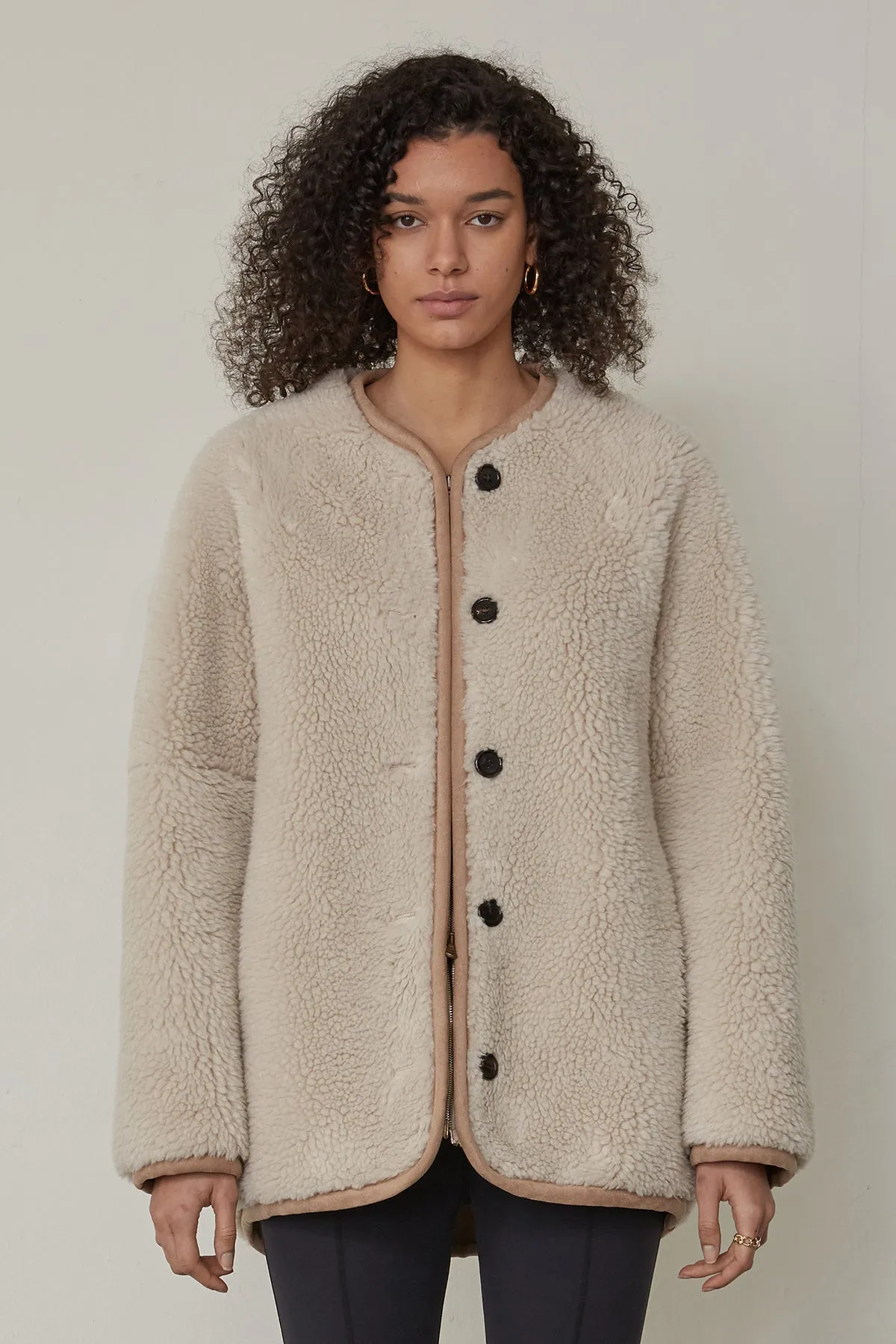Buttoned detail faux shearling-suede wool-blend jacket