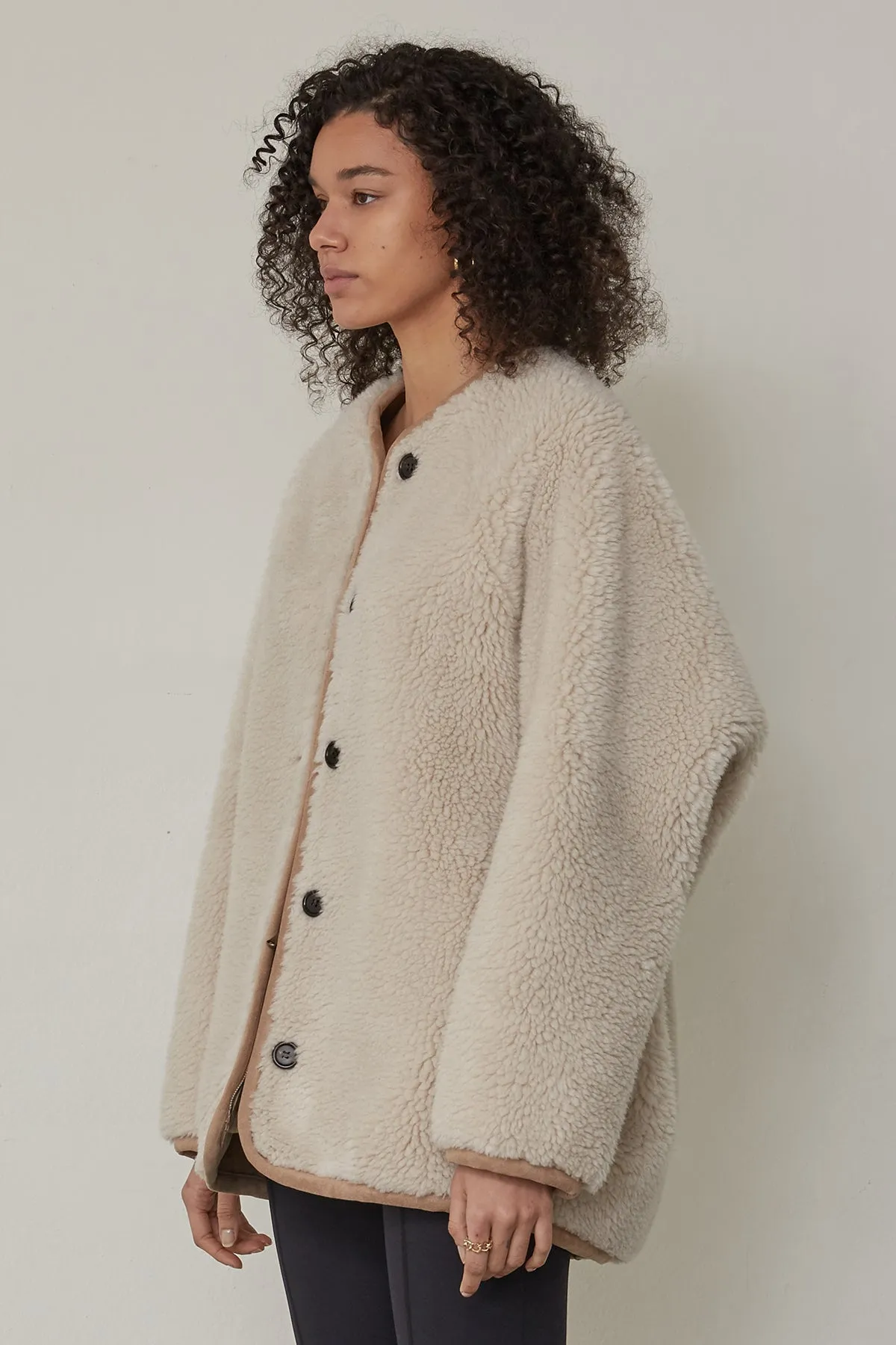 Buttoned detail faux shearling-suede wool-blend jacket