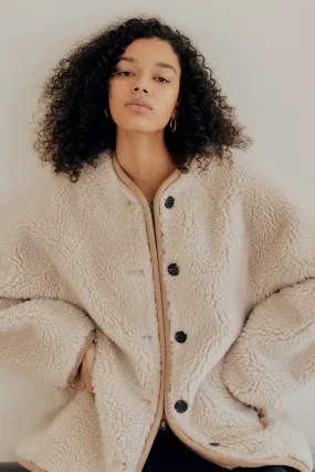 Buttoned detail faux shearling-suede wool-blend jacket