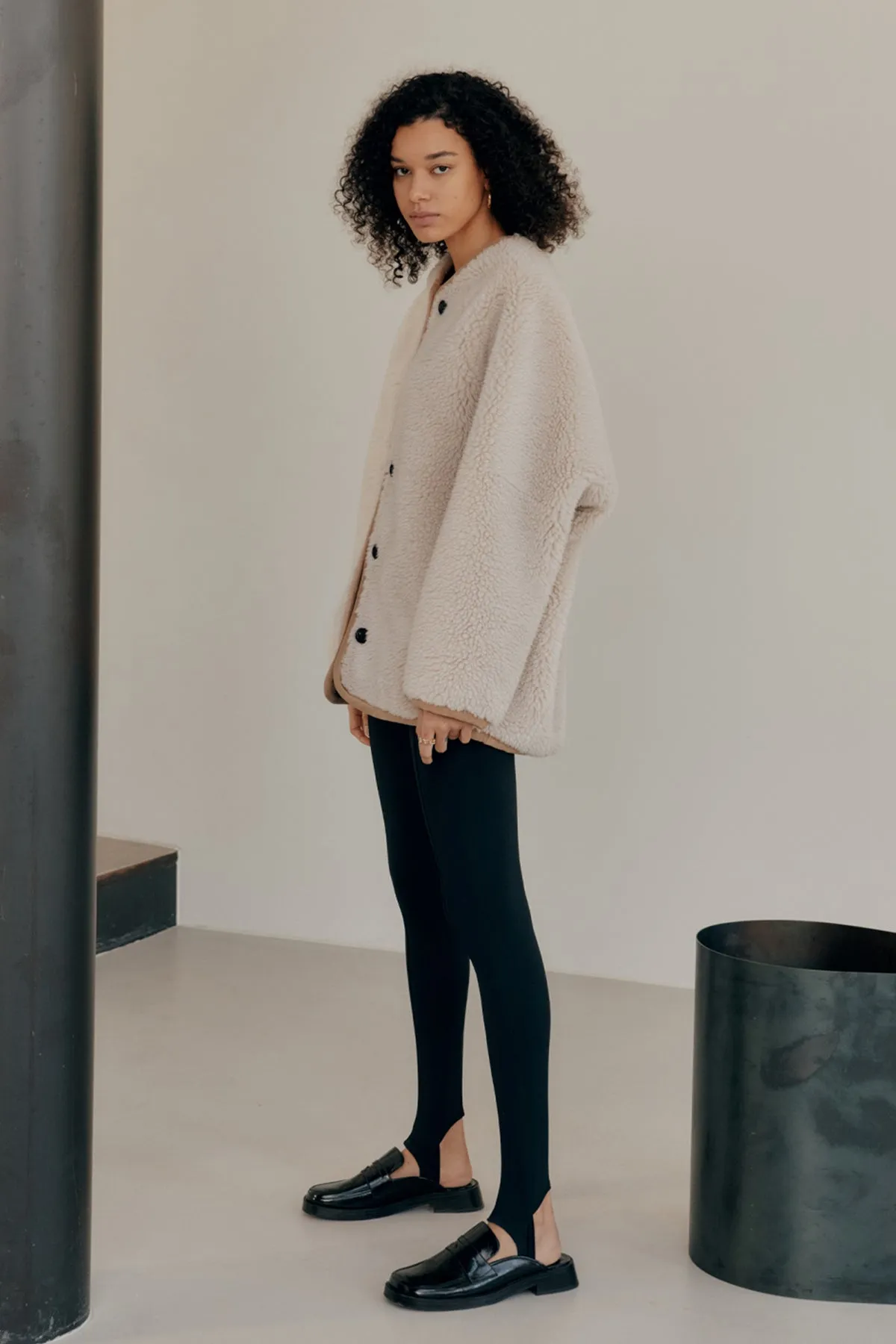 Buttoned detail faux shearling-suede wool-blend jacket