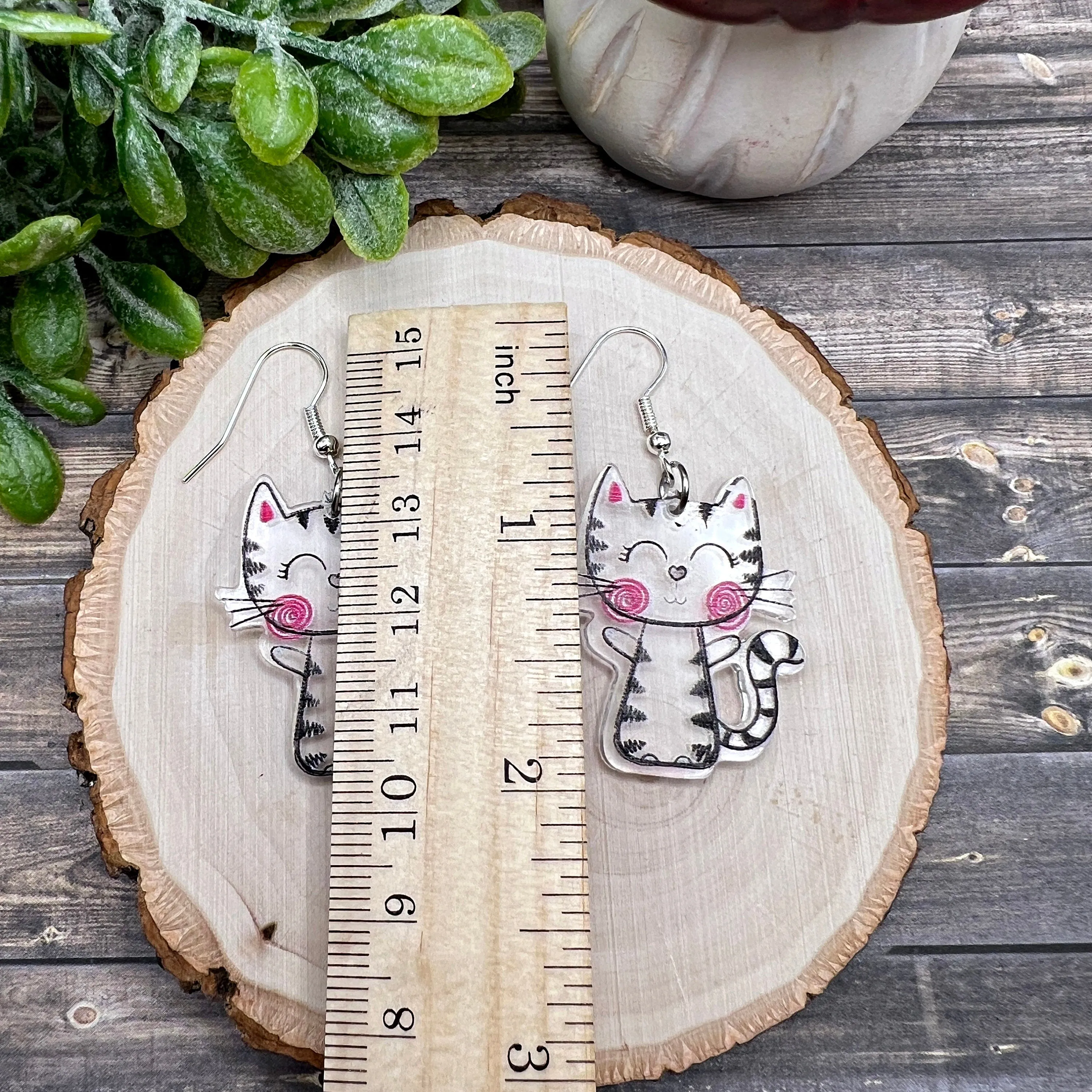 Clear Acrylic Black and White Kitty Cat Rosy Cheeks  Earrings, Hypoallergenic Gift