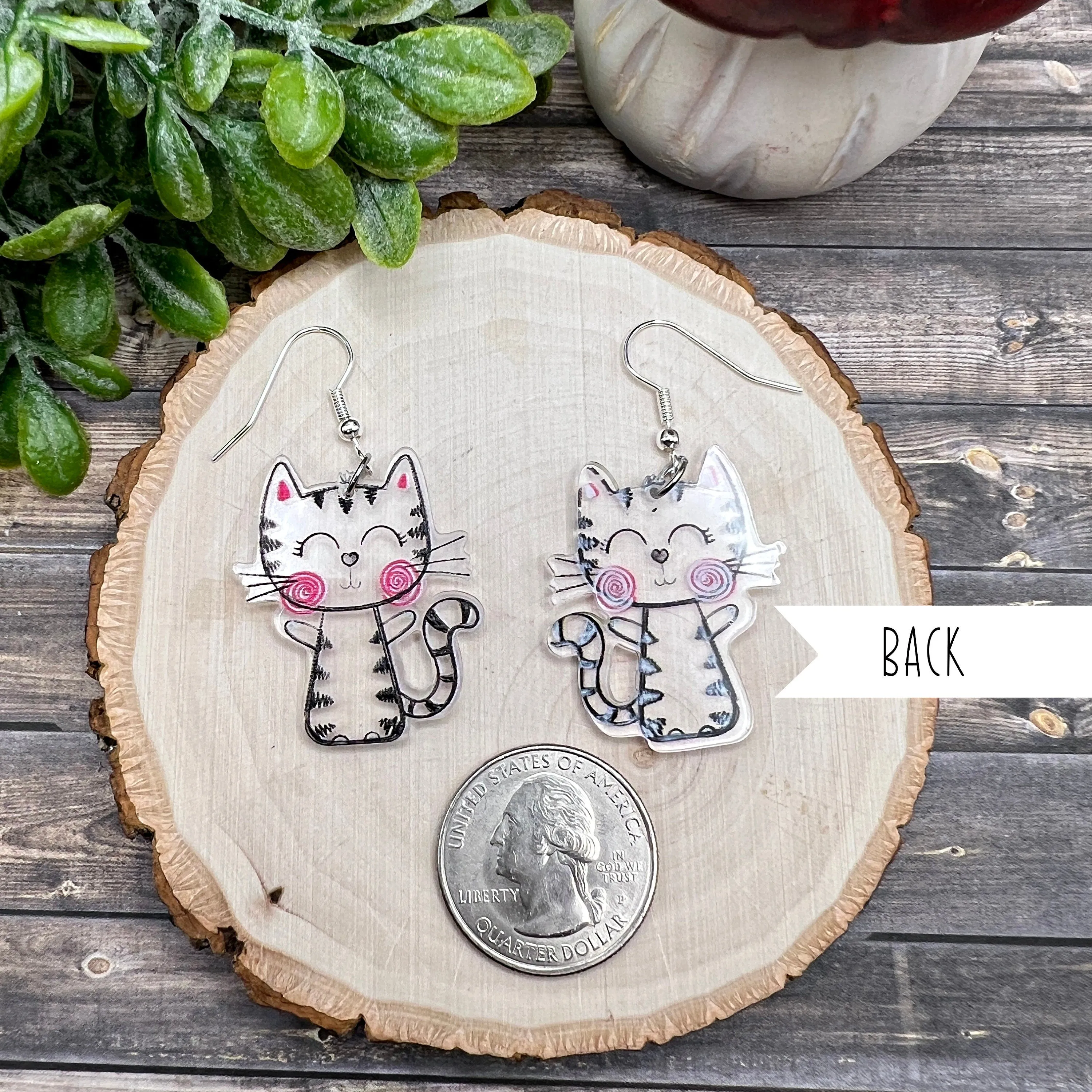 Clear Acrylic Black and White Kitty Cat Rosy Cheeks  Earrings, Hypoallergenic Gift