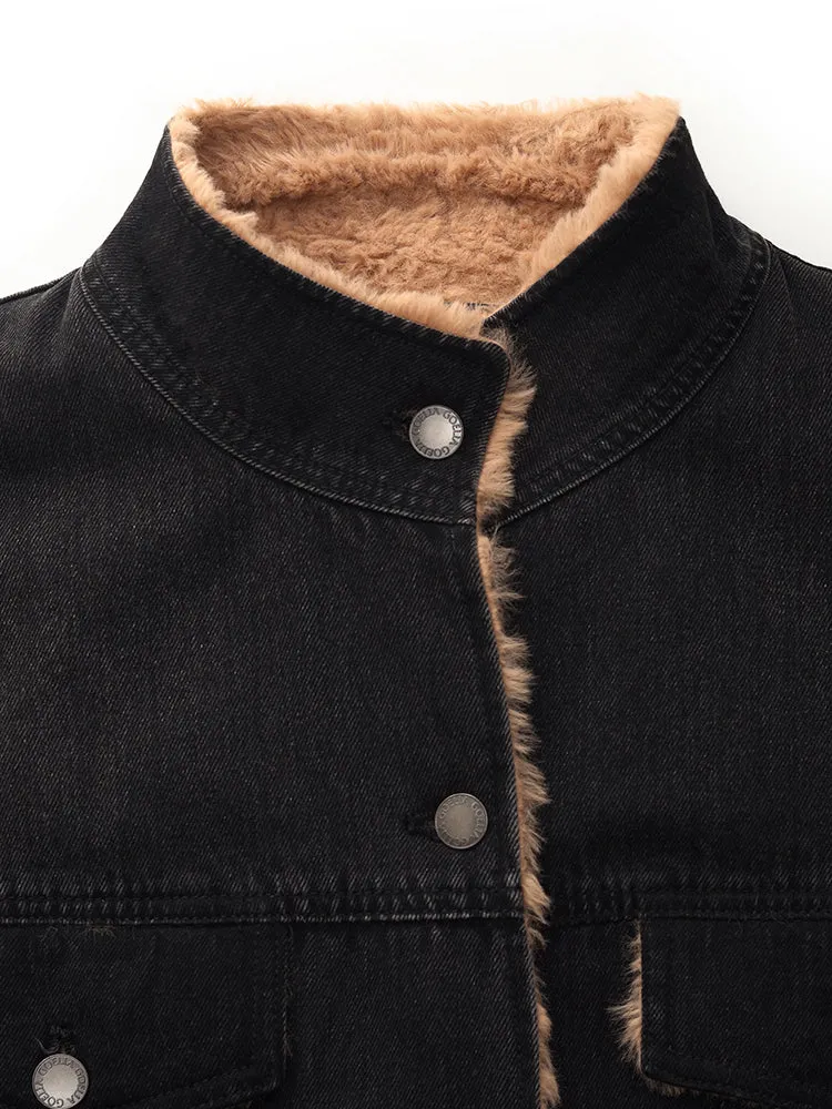 Denim Stand Collar Women Jacket