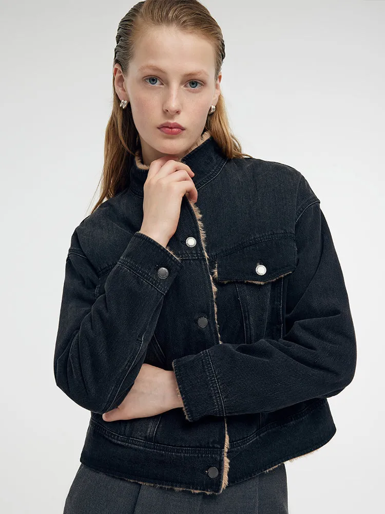 Denim Stand Collar Women Jacket