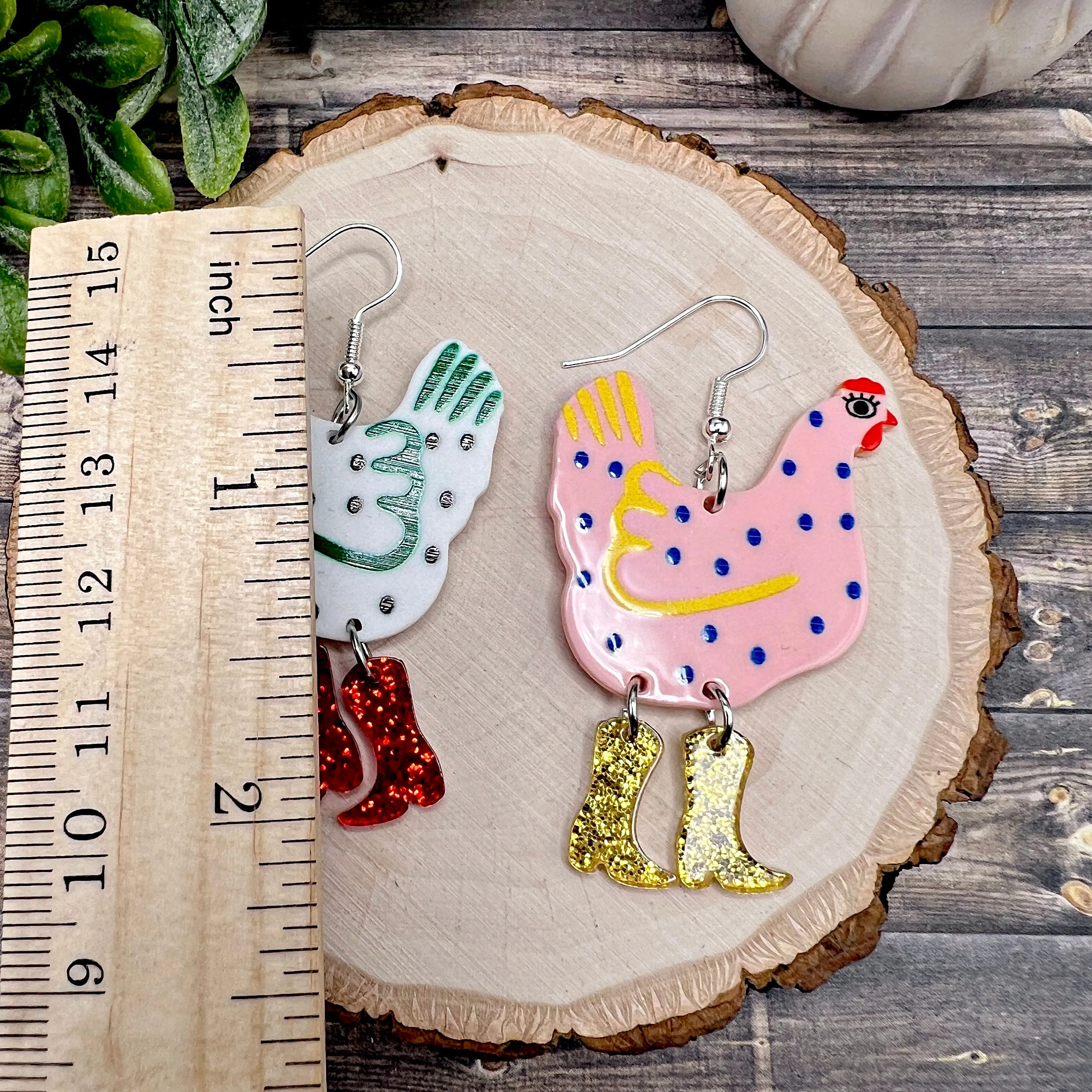 Ditsy Chickens with Glitter Boots Earrings