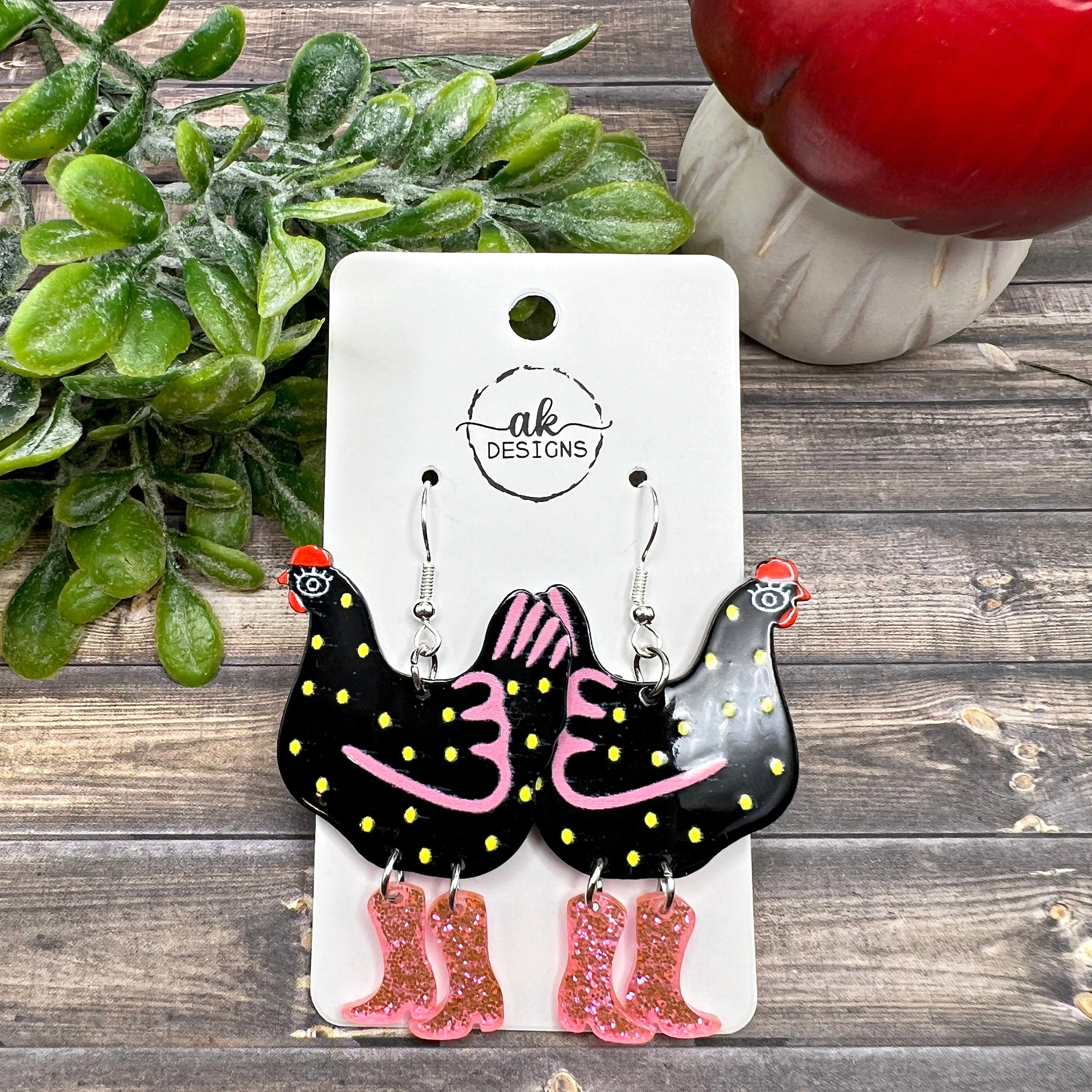 Ditsy Chickens with Glitter Boots Earrings