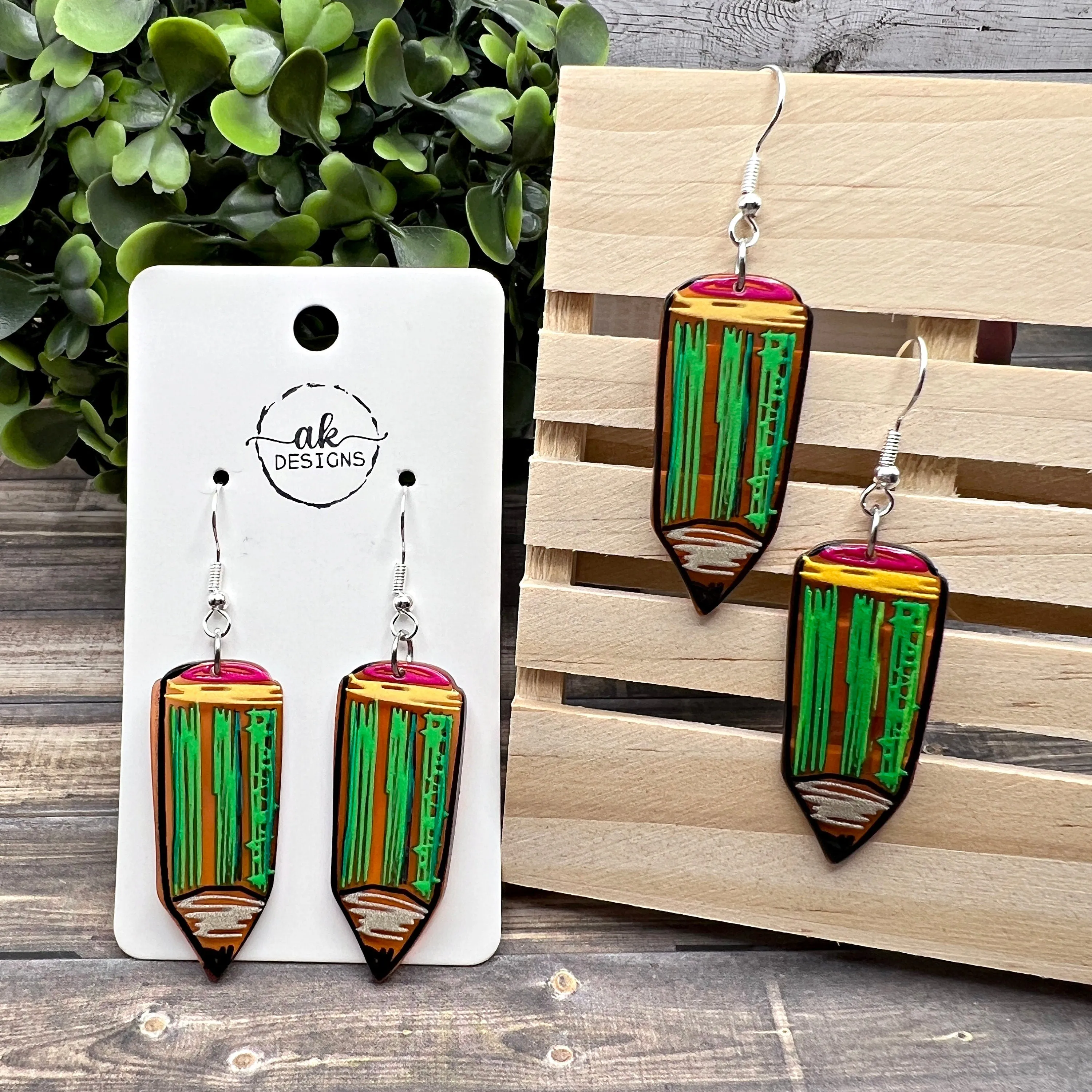 Doodle Pencil Acrylic Silver/Silver-tone  Earrings, Hypoallergenic Gift, Teachers and Students Back to School - Clearance