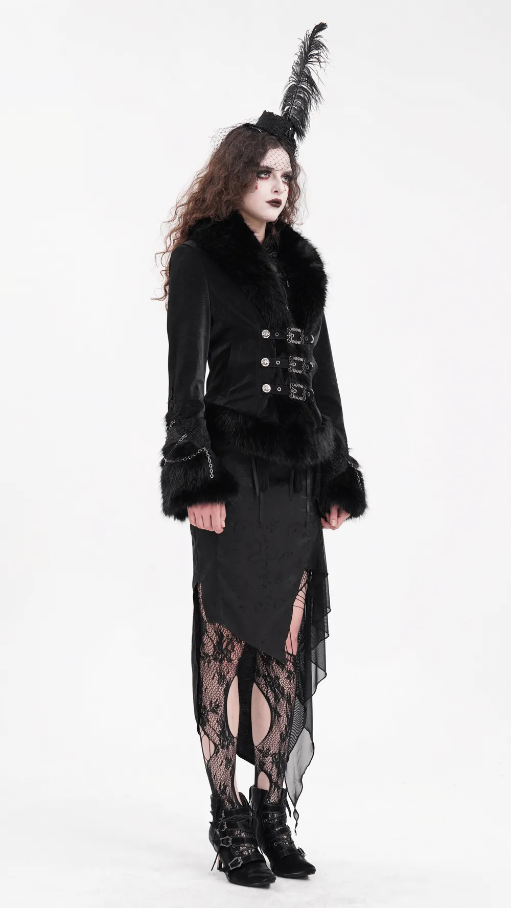 Elegant Gothic Faux Fur and Lace Buckle Jacket