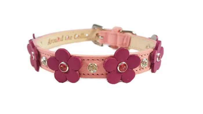 Ellie Flower Leather Cat Collar w/Crystals on Flower & Strap