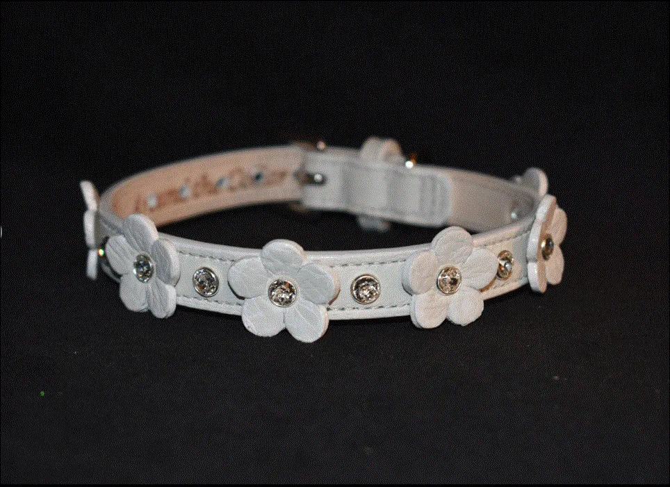 Ellie Flower Leather Cat Collar w/Crystals on Flower & Strap