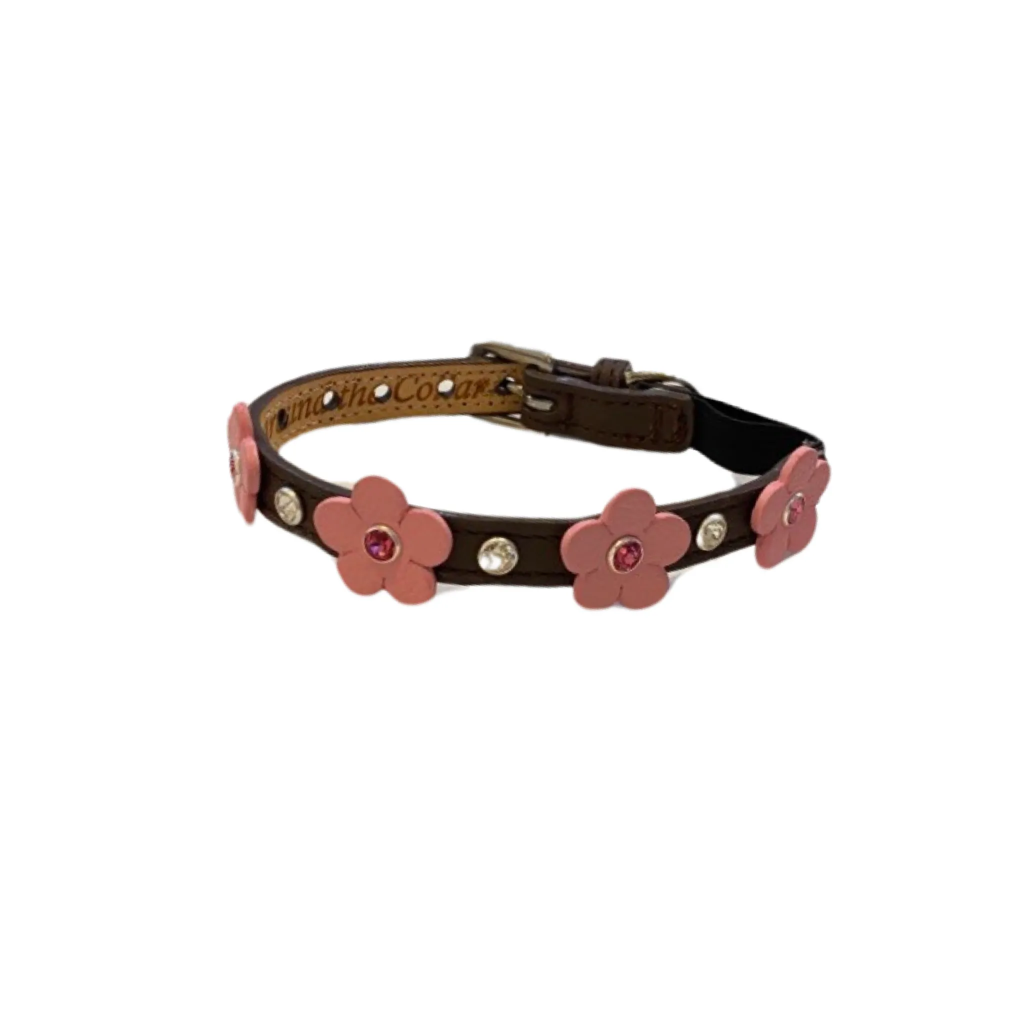 Ellie Flower Leather Cat Collar w/Crystals on Flower & Strap
