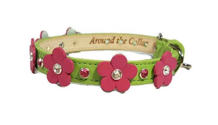 Ellie Flower Leather Cat Collar w/Crystals on Flower & Strap