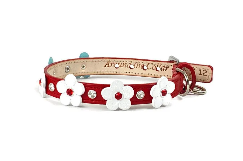 Ellie Flower Leather Cat Collar w/Crystals on Flower & Strap