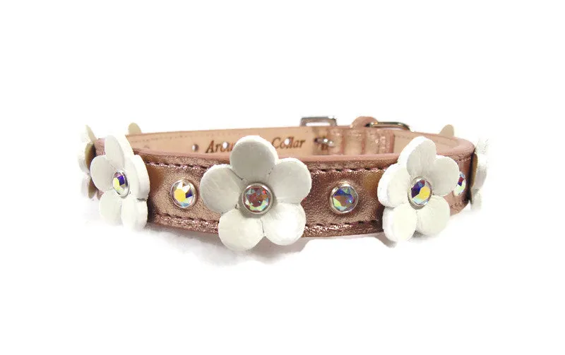 Ellie Flower Leather Cat Collar w/Crystals on Flower & Strap