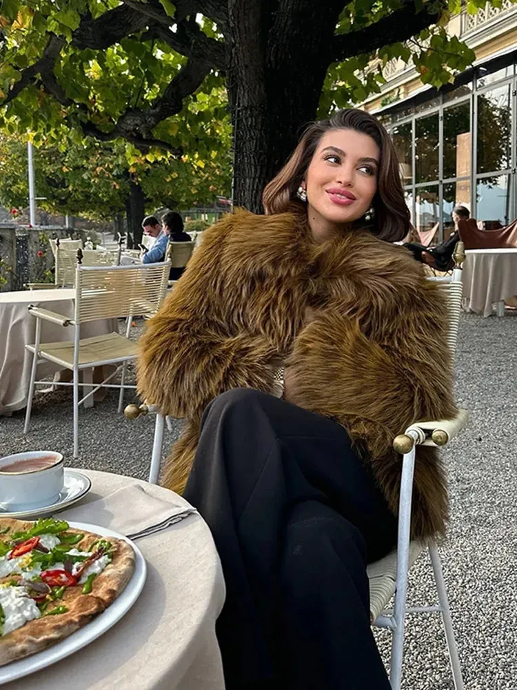 Fashionkova Christmas Gift Outfit Luxurious Solid Color Warm Lapel Faux Fur Jacket Chic Long Sleeves Soft Loose Short Coat Winter New Woman High Street Outerwear