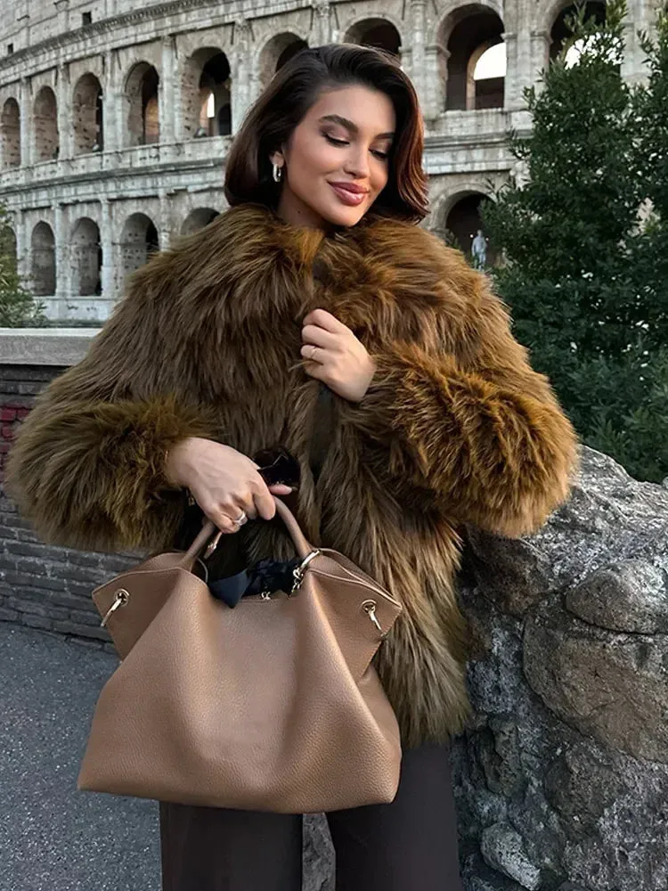 Fashionkova Christmas Gift Outfit Luxurious Solid Color Warm Lapel Faux Fur Jacket Chic Long Sleeves Soft Loose Short Coat Winter New Woman High Street Outerwear
