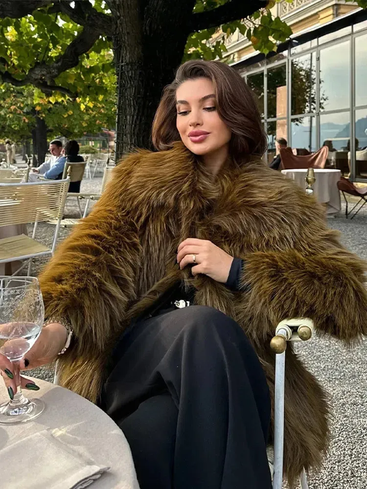 Fashionkova Christmas Gift Outfit Luxurious Solid Color Warm Lapel Faux Fur Jacket Chic Long Sleeves Soft Loose Short Coat Winter New Woman High Street Outerwear
