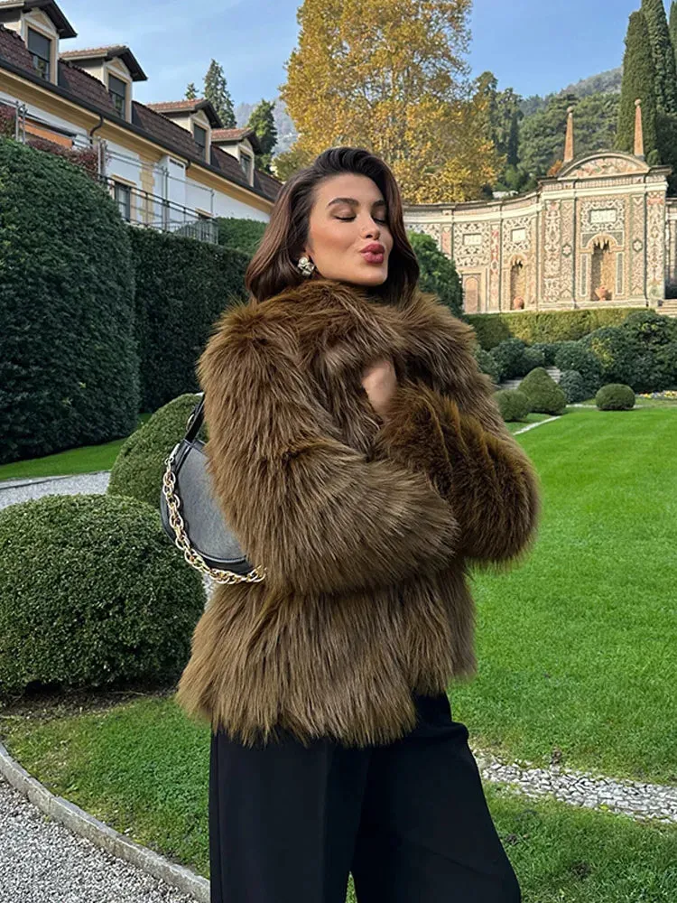 Fashionkova Christmas Gift Outfit Luxurious Solid Color Warm Lapel Faux Fur Jacket Chic Long Sleeves Soft Loose Short Coat Winter New Woman High Street Outerwear
