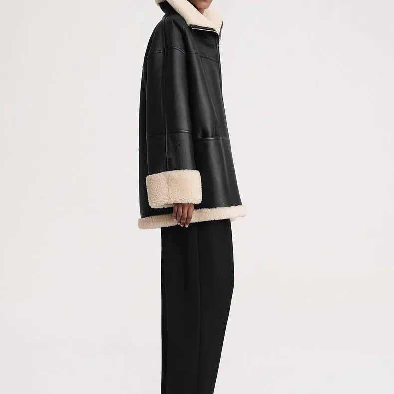 Fashionkova family photo outfits winter Women's Autumn and Winter New Fashion Cashmere Leather Fur Collar Composite Mid-Length Coat Leather Coat