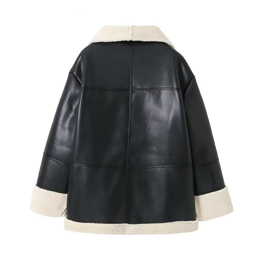 Fashionkova family photo outfits winter Women's Autumn and Winter New Fashion Cashmere Leather Fur Collar Composite Mid-Length Coat Leather Coat