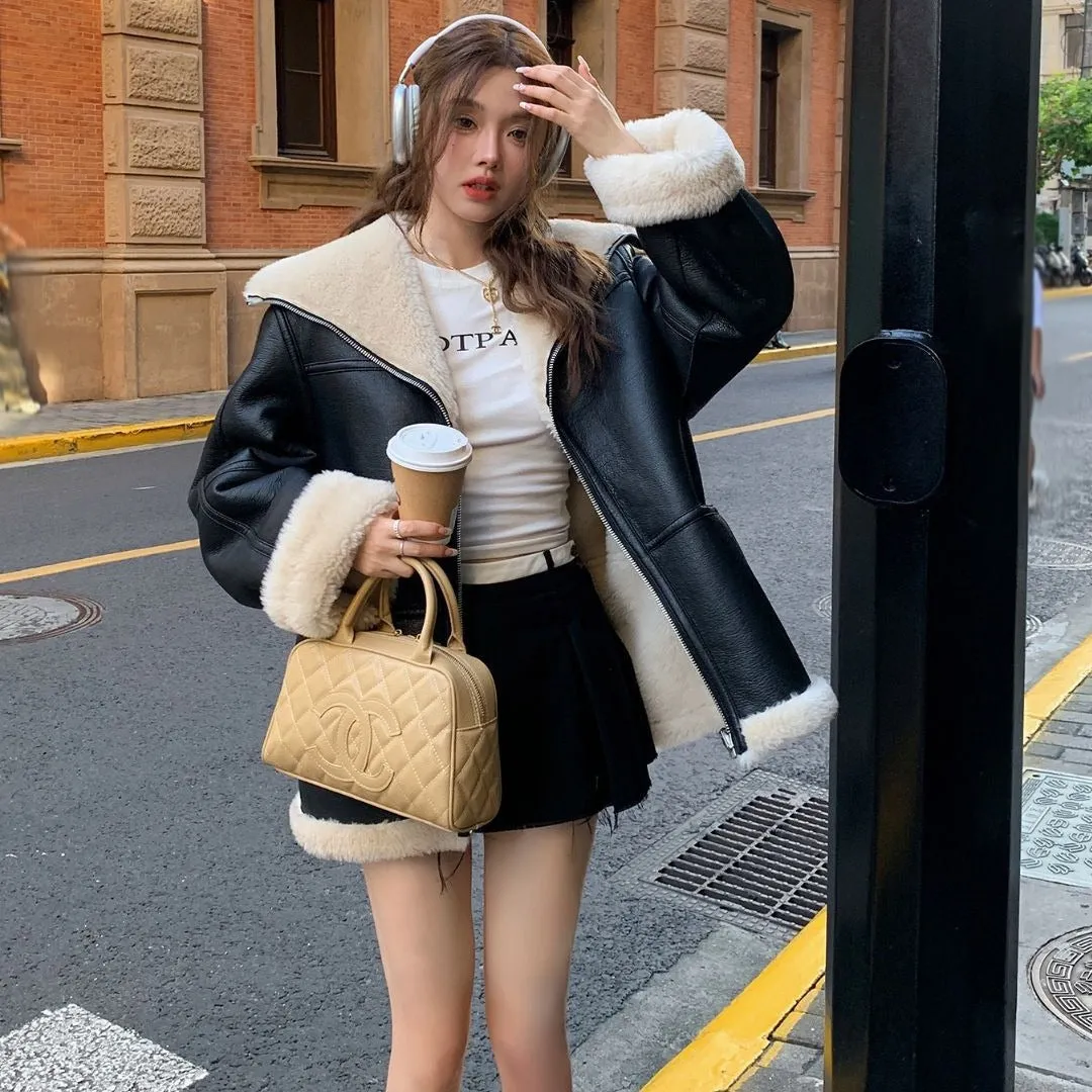 Fashionkova family photo outfits winter Women's Autumn and Winter New Fashion Cashmere Leather Fur Collar Composite Mid-Length Coat Leather Coat