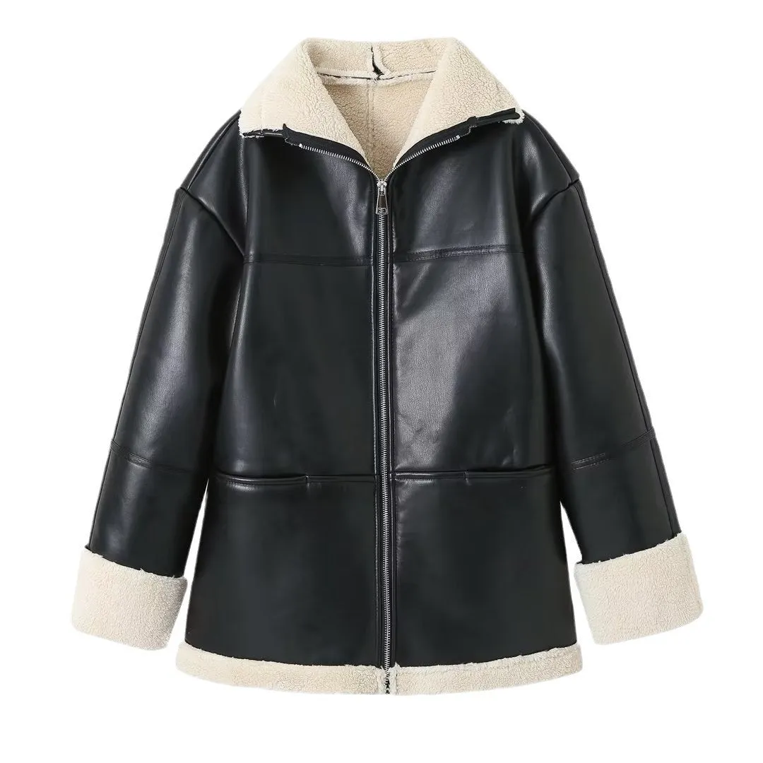 Fashionkova family photo outfits winter Women's Autumn and Winter New Fashion Cashmere Leather Fur Collar Composite Mid-Length Coat Leather Coat