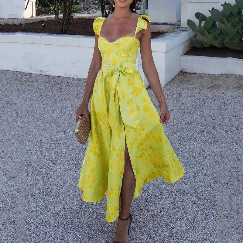 Flytonn-2024 Summer Princess Dress Fashion Fragments Flower Square Neck Women's New Bow Print French Vintage Slim Fit Slip Dress