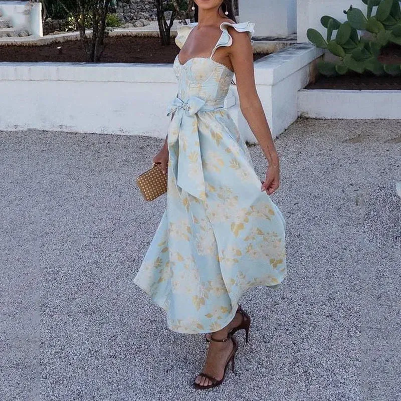 Flytonn-2024 Summer Princess Dress Fashion Fragments Flower Square Neck Women's New Bow Print French Vintage Slim Fit Slip Dress