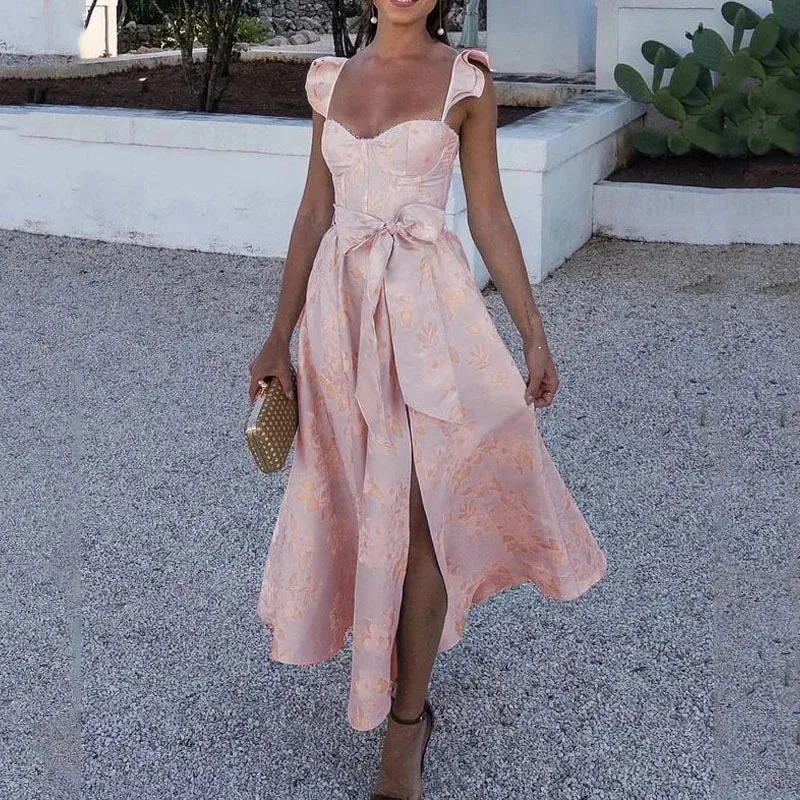 Flytonn-2024 Summer Princess Dress Fashion Fragments Flower Square Neck Women's New Bow Print French Vintage Slim Fit Slip Dress