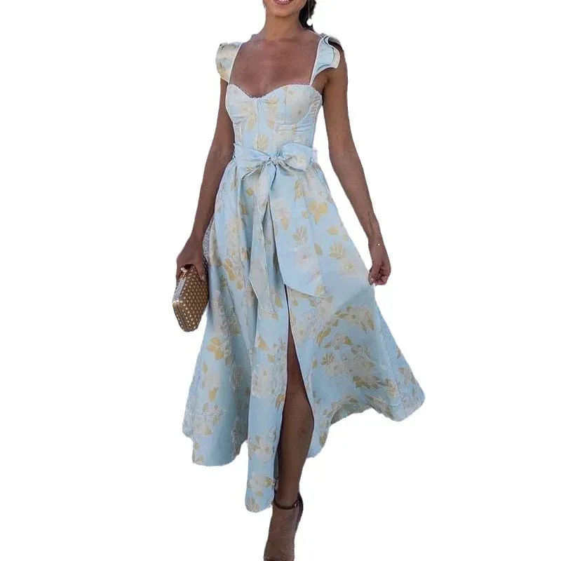 Flytonn-2024 Summer Princess Dress Fashion Fragments Flower Square Neck Women's New Bow Print French Vintage Slim Fit Slip Dress