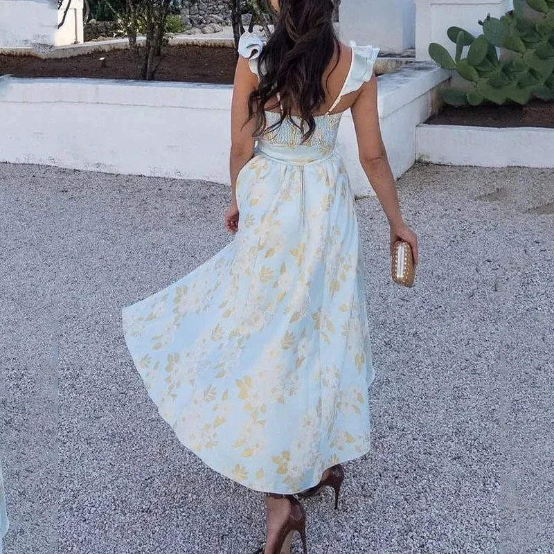 Flytonn-2024 Summer Princess Dress Fashion Fragments Flower Square Neck Women's New Bow Print French Vintage Slim Fit Slip Dress