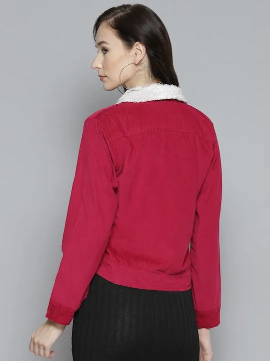 Fuchsia Pink Feather Collar Front Open Jacket