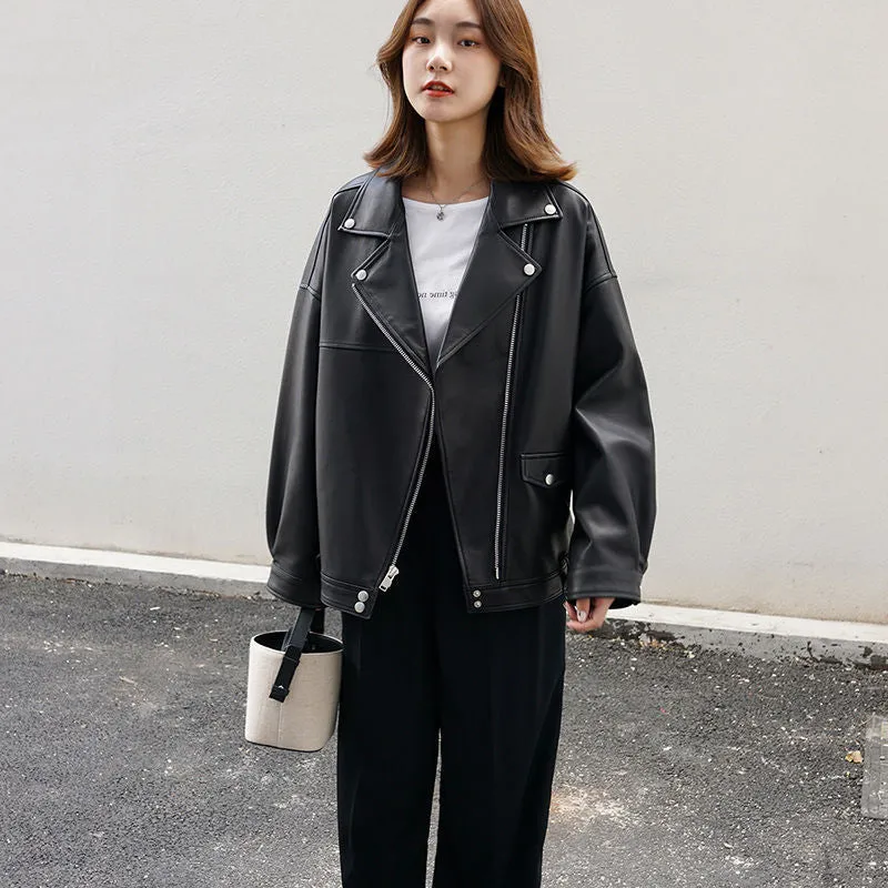 Girlary-shop fall outfits women Korean Style Casual Loose Black Motorcycle PU Leather Coat Women's Spring and Autumn Versatile Slimming plus Size Leather Jacket