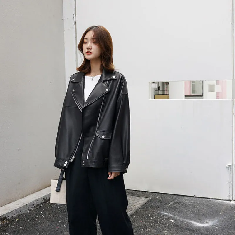 Girlary-shop fall outfits women Korean Style Casual Loose Black Motorcycle PU Leather Coat Women's Spring and Autumn Versatile Slimming plus Size Leather Jacket