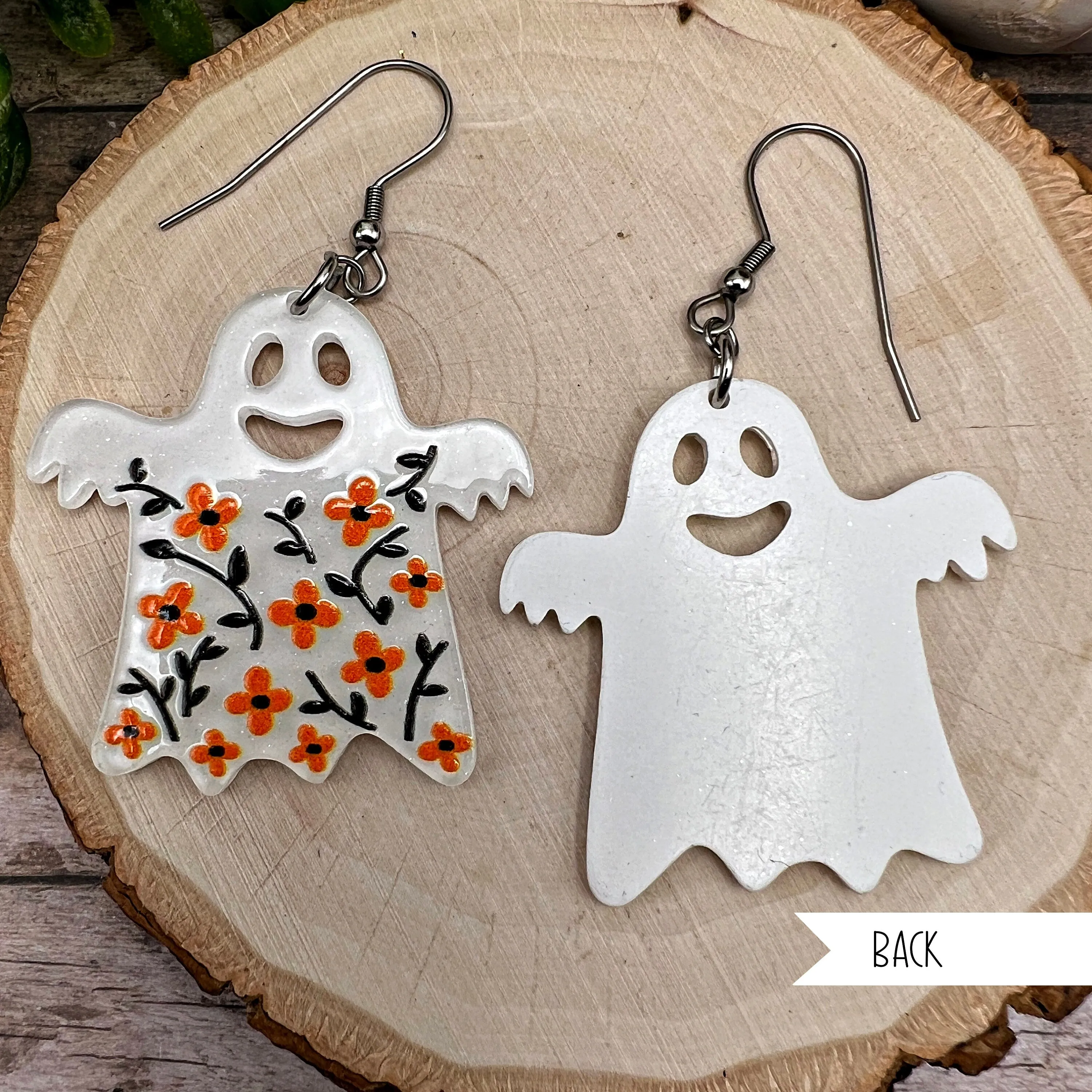 Halloween Floral Acrylic Ghost Spooky Season, Stainless steel  Earrings, Hypoallergenic Gift
