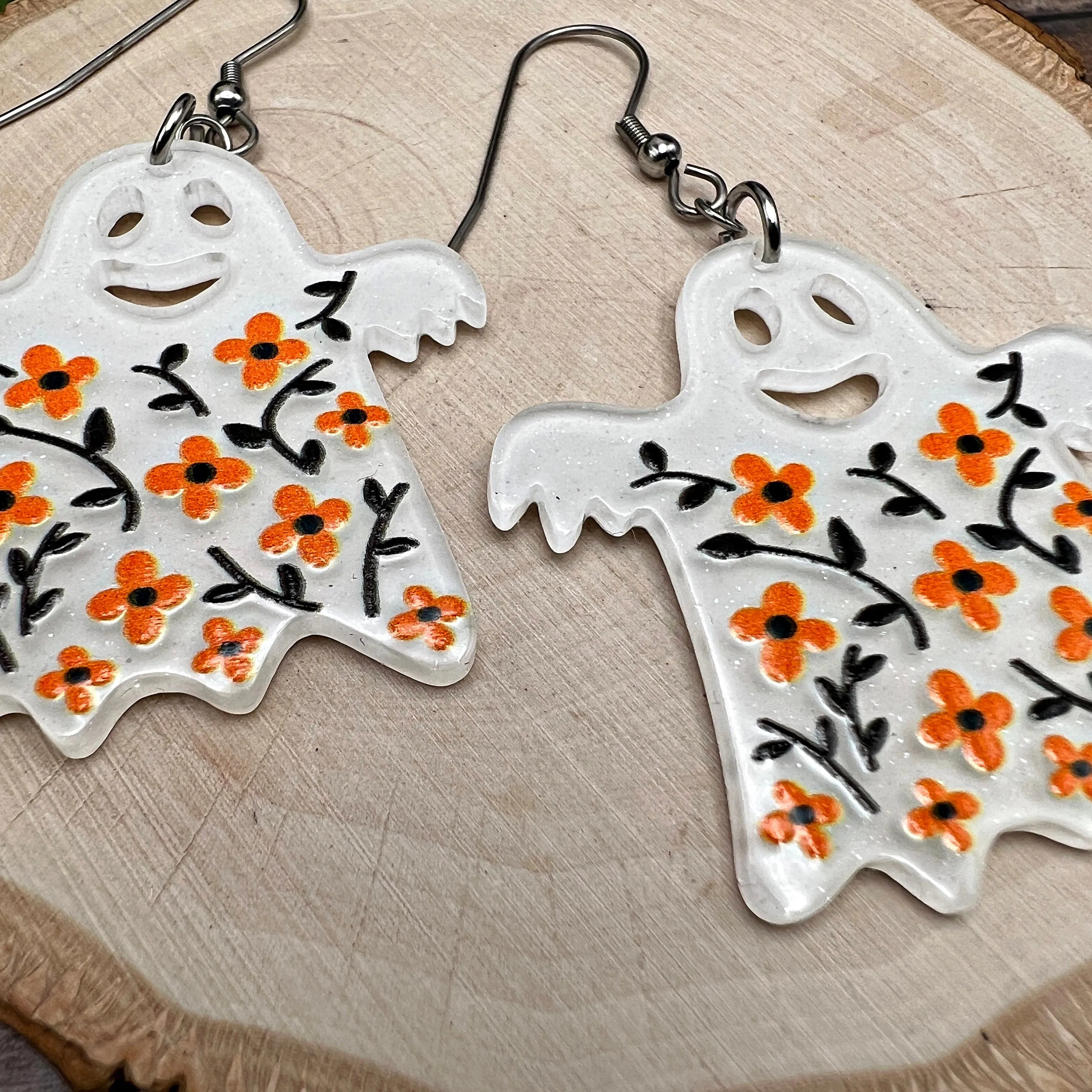 Halloween Floral Acrylic Ghost Spooky Season, Stainless steel  Earrings, Hypoallergenic Gift