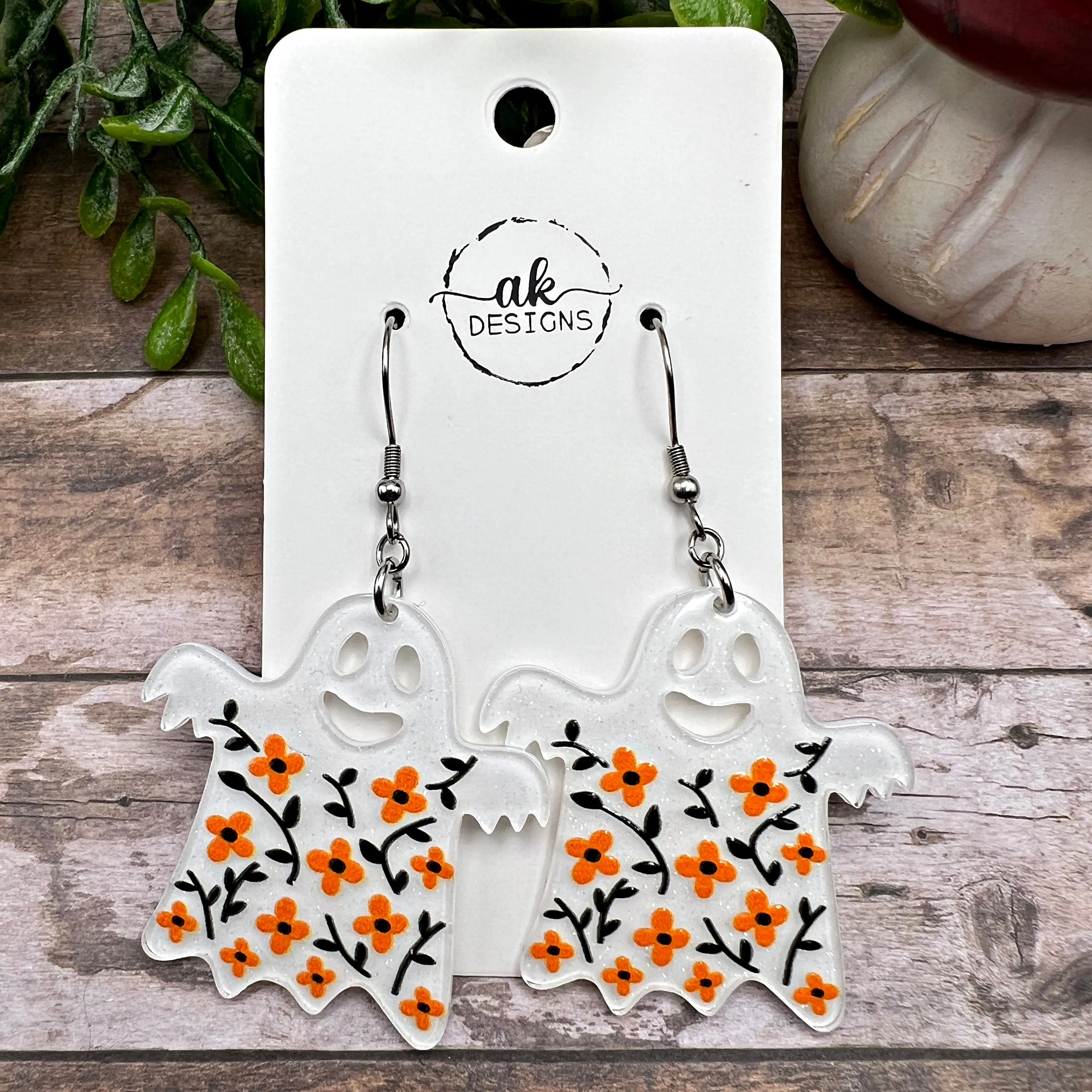 Halloween Floral Acrylic Ghost Spooky Season, Stainless steel  Earrings, Hypoallergenic Gift
