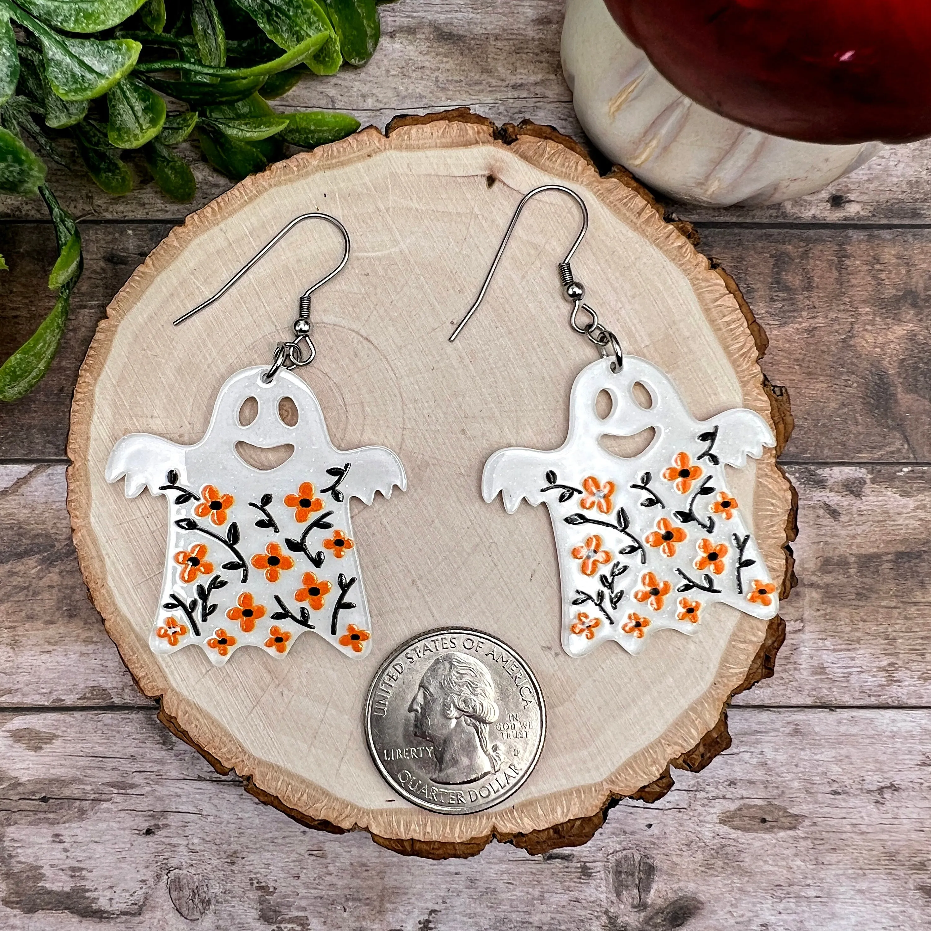 Halloween Floral Acrylic Ghost Spooky Season, Stainless steel  Earrings, Hypoallergenic Gift